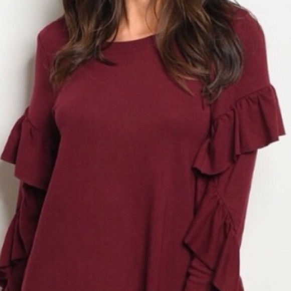 WINE RUFFLE LONG SLEEVE DESIGN DRESS - Picture 3 of 8